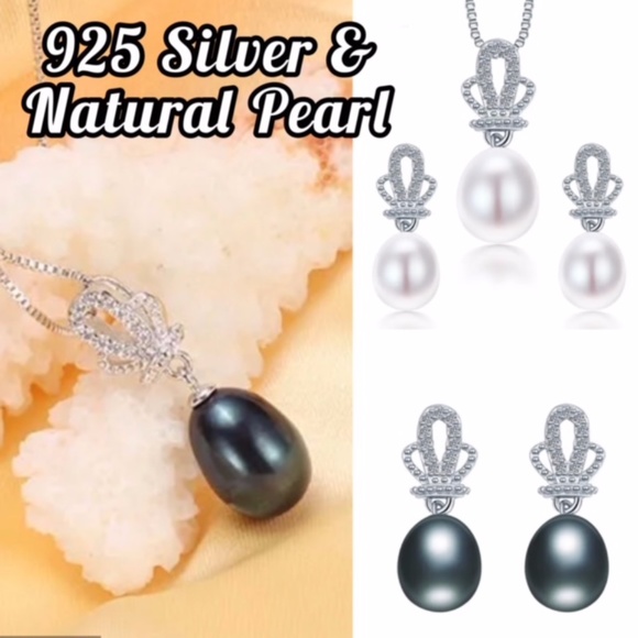 NWT 925 ST SILVER NATURAL PEARL CROWN PENDANT & EARRING JEWELRY SETS - Picture 1 of 15
